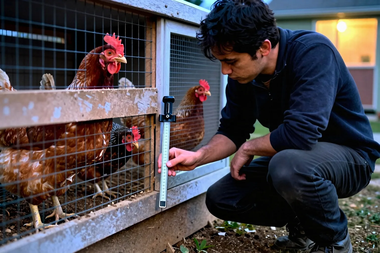 A keeper checks a narrow gap beneath a chicken run while hens gather safely behind the wire.