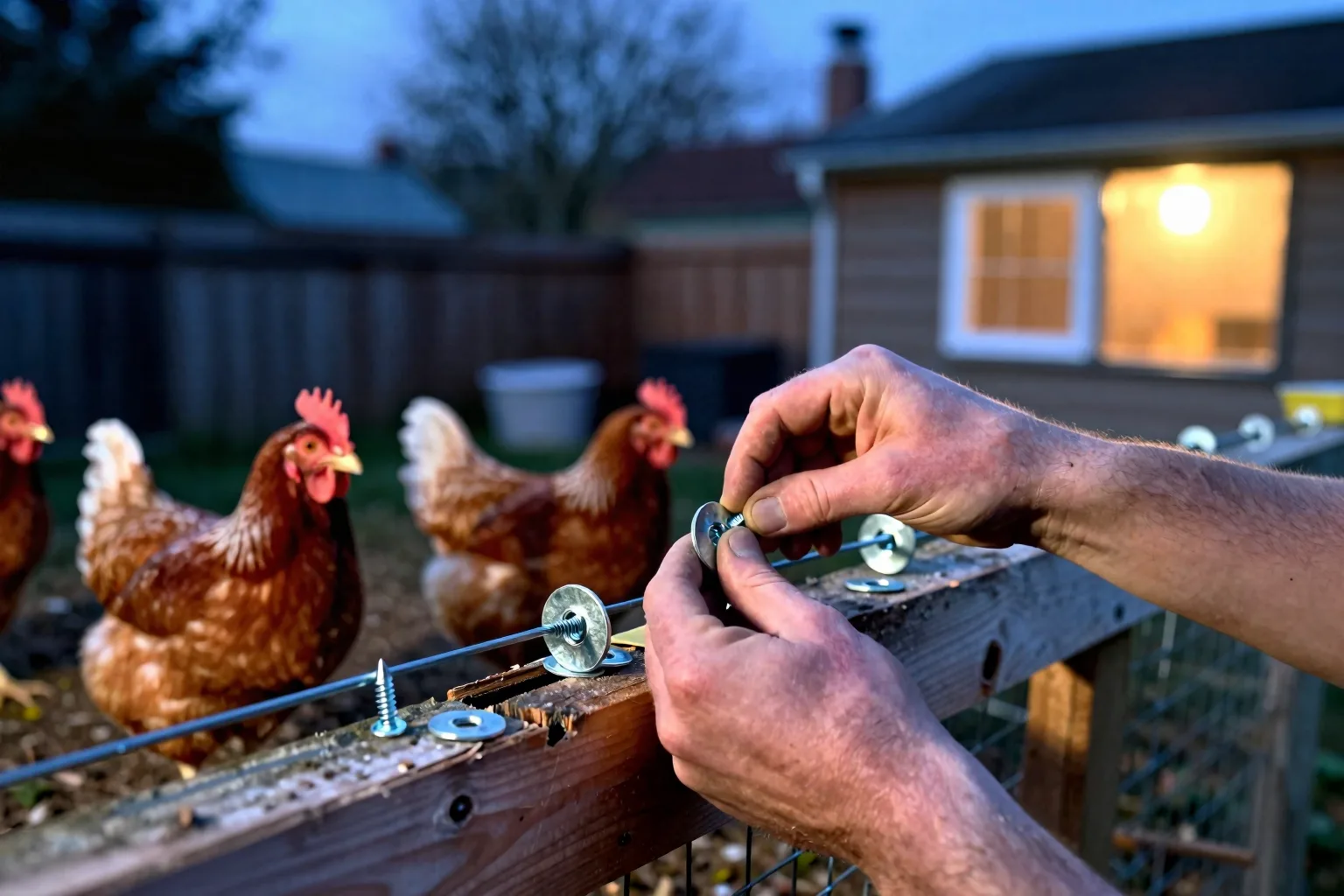 Rigid mesh and broad washers reinforce a vulnerable coop opening to help keep predators out.