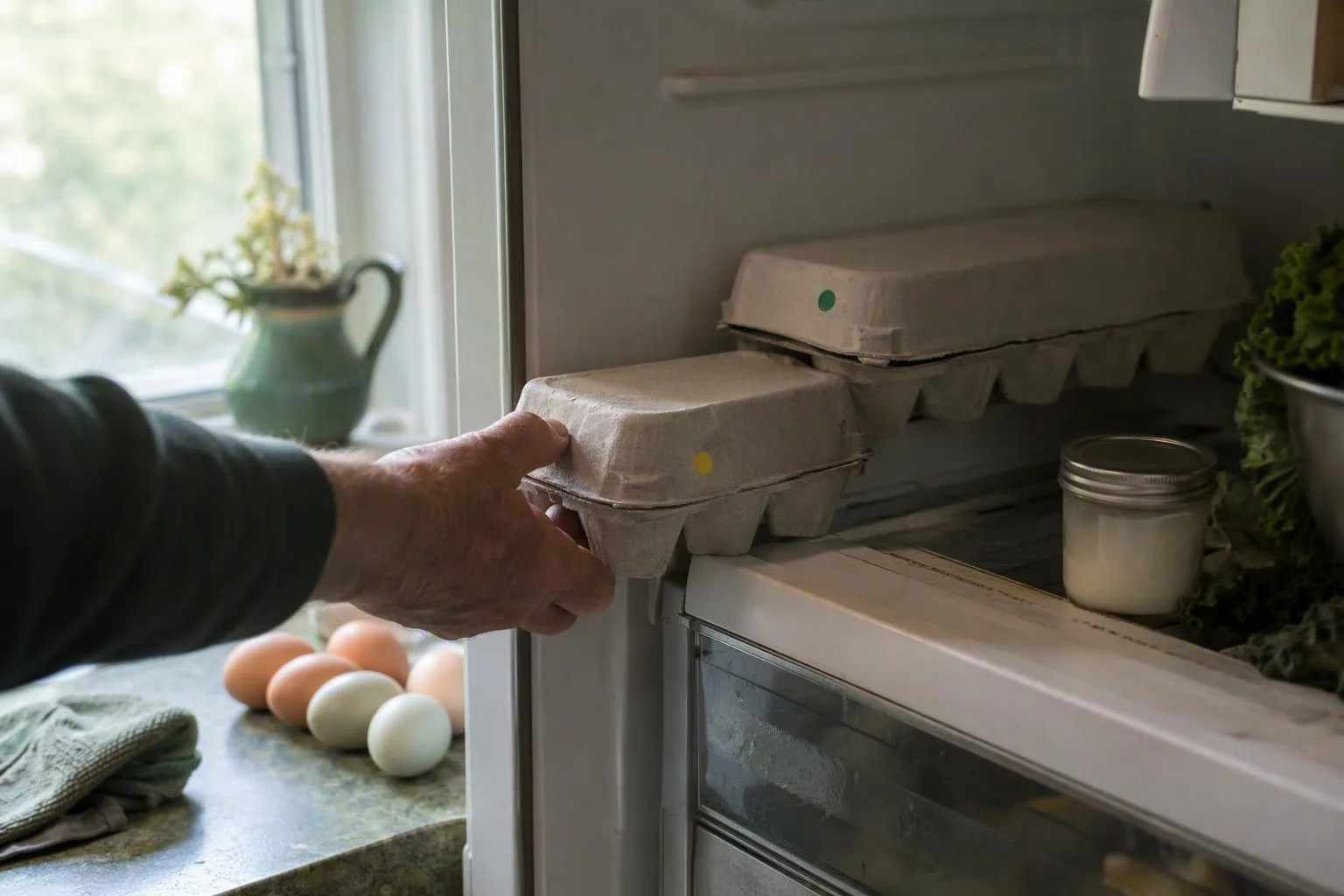 A hand moves the older of two egg cartons to the front of an open refrigerator for easier use.