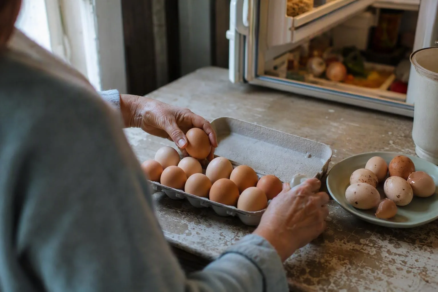 Hands separate clean eggs from cracked and dirty ones beside an open refrigerator before storage.