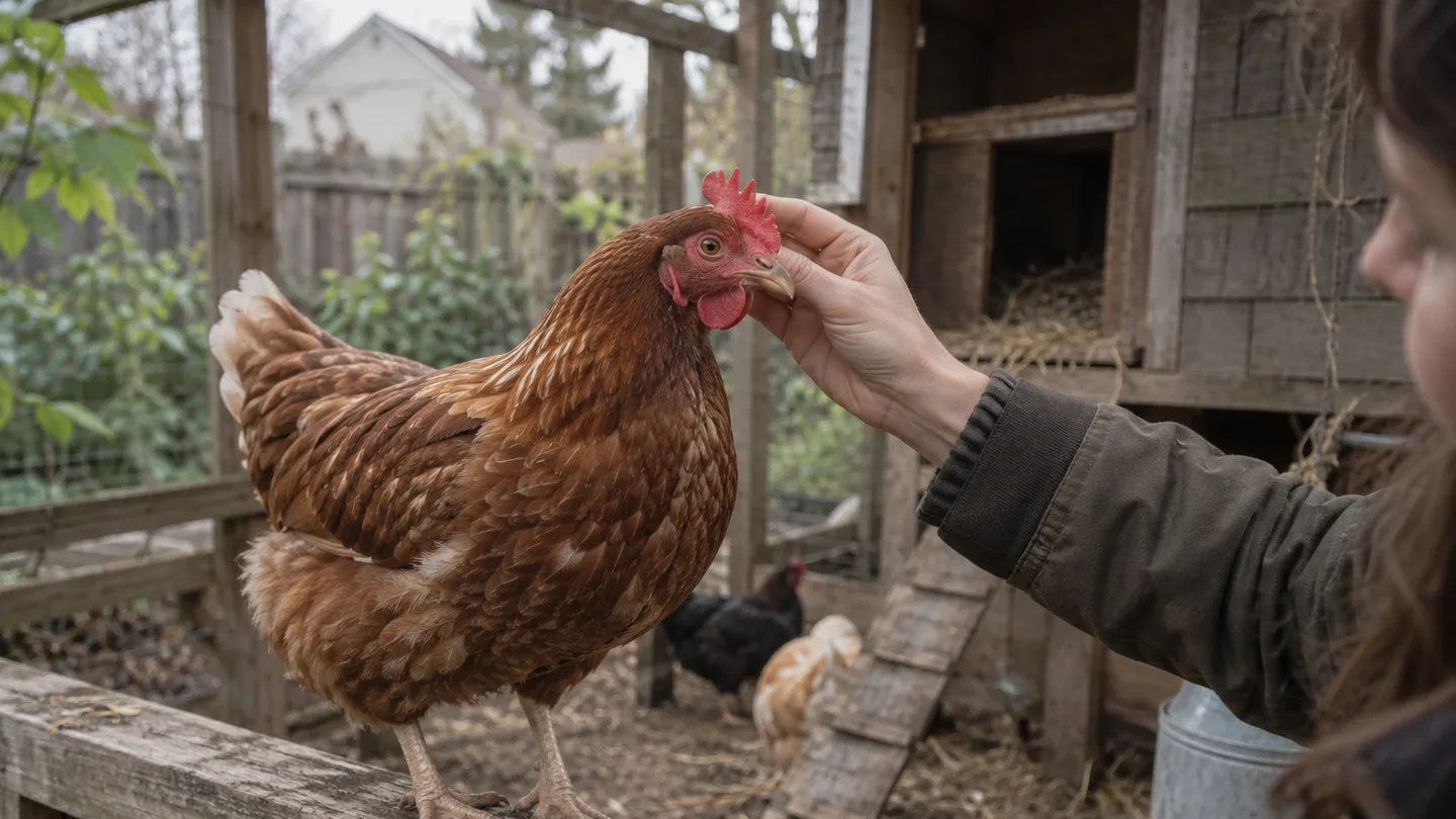 A keeper gently examines a hen’s bright red comb as one clue to her maturity.