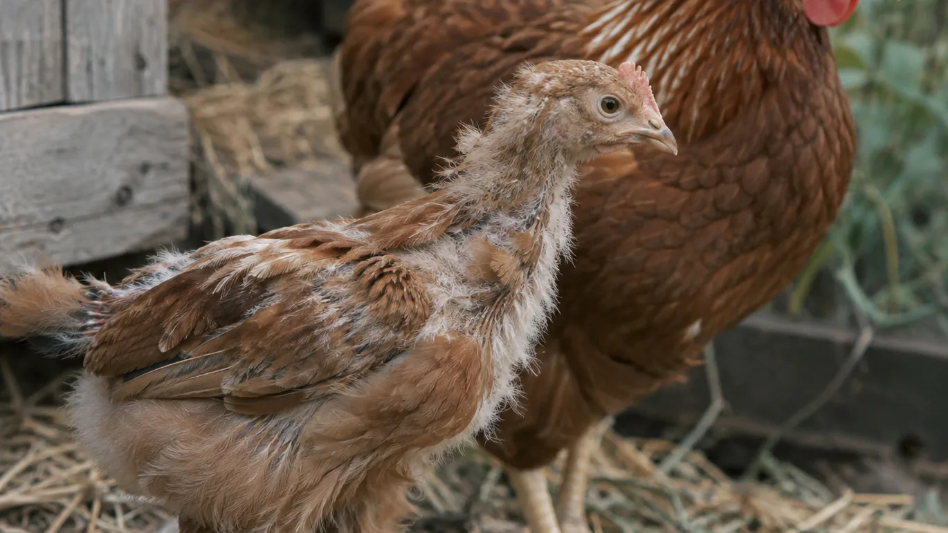 A young chicken with patchy pin feathers stands beside an adult hen with smooth, full plumage.