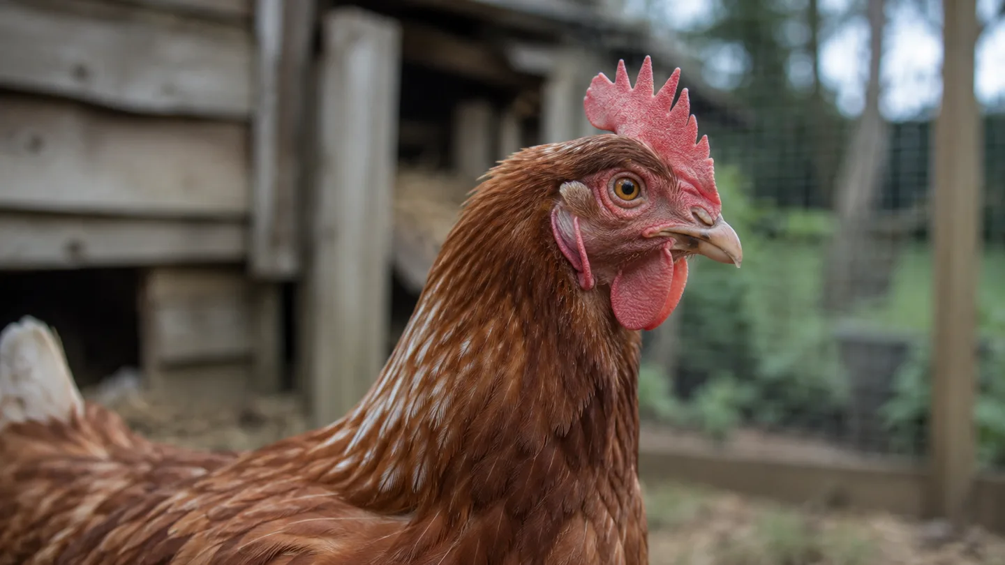 A hen’s full red comb and hanging wattles provide visible clues about her maturity.
