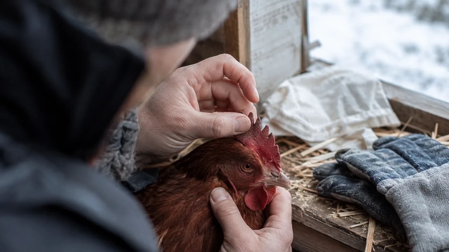 A caretaker gently checks a hen’s red comb beside a snow-dusted shelter.