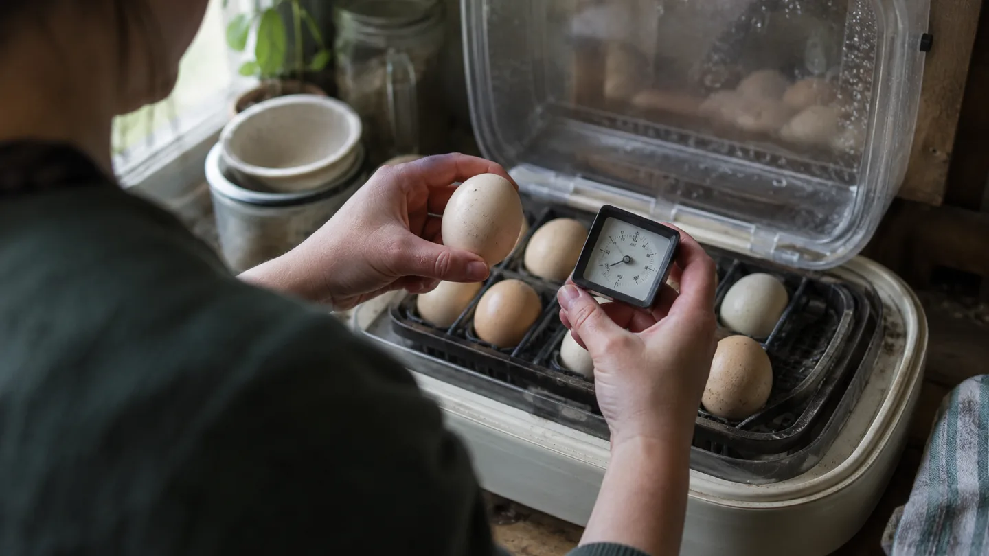 A keeper compares an egg with a hygrometer beside an open incubator to check conditions by more than one clue.