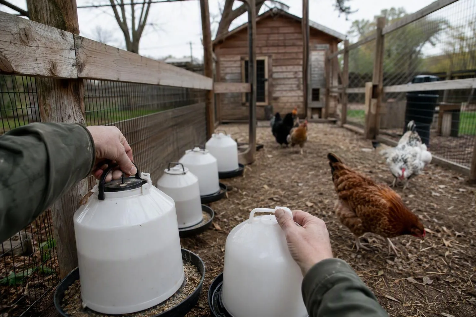 A covered quarantine pen contains a feeder, waterer, shelter, and secure mesh sides.
