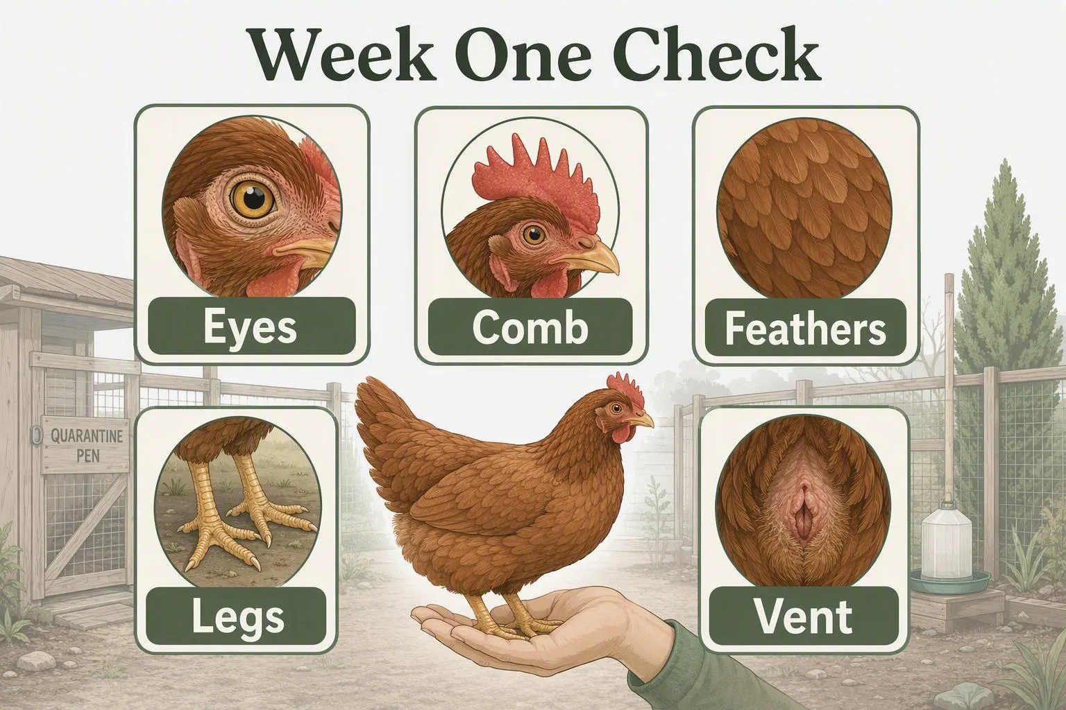 The guide points to five chicken body areas to examine during a calm first-week health check.