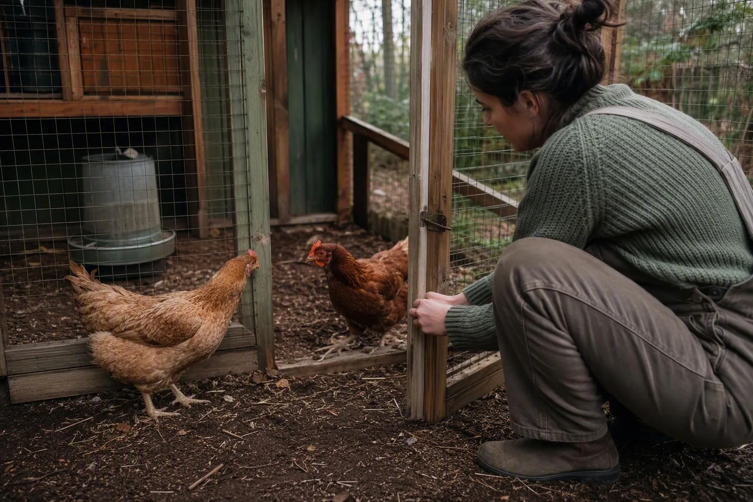 A caretaker supervises two hens meeting beside a mesh divider, showing a cautious flock introduction.