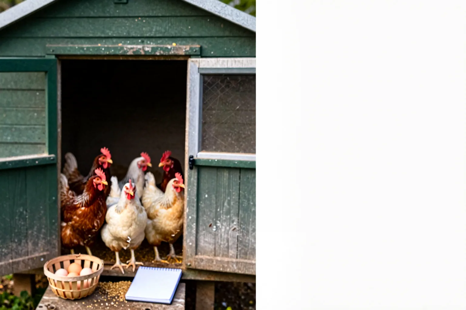 Six hens gather beside a modest backyard coop, with feed bins and an egg basket showing the flock’s everyday setup.