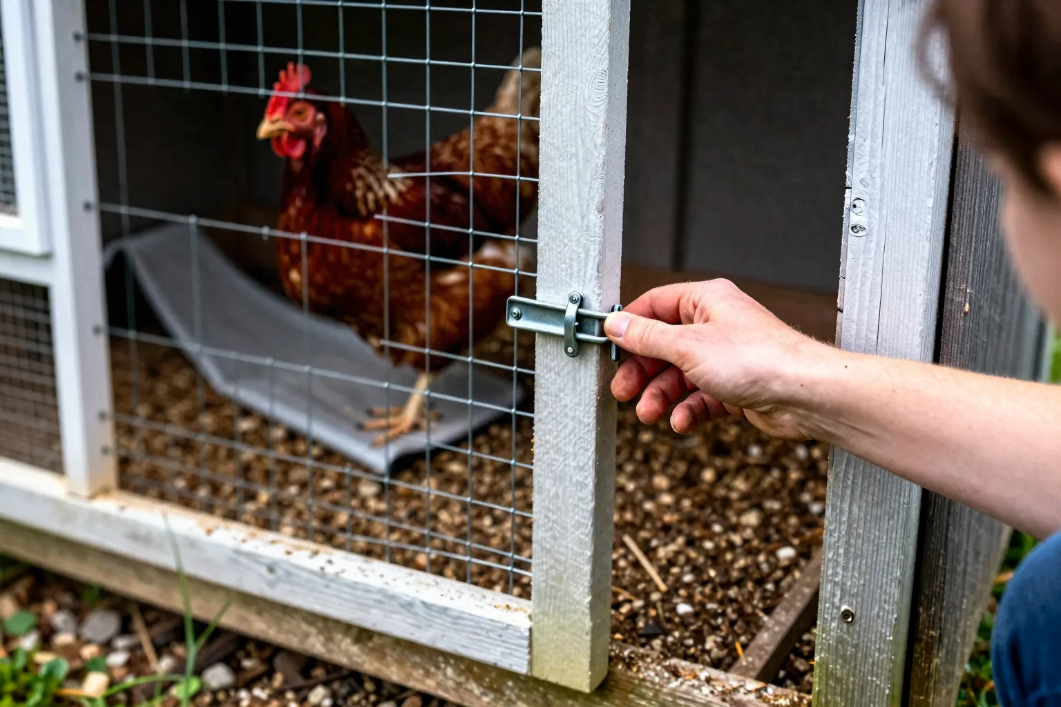 Mesh panels, a secure latch, a roof, and a ground apron protect a chicken run.