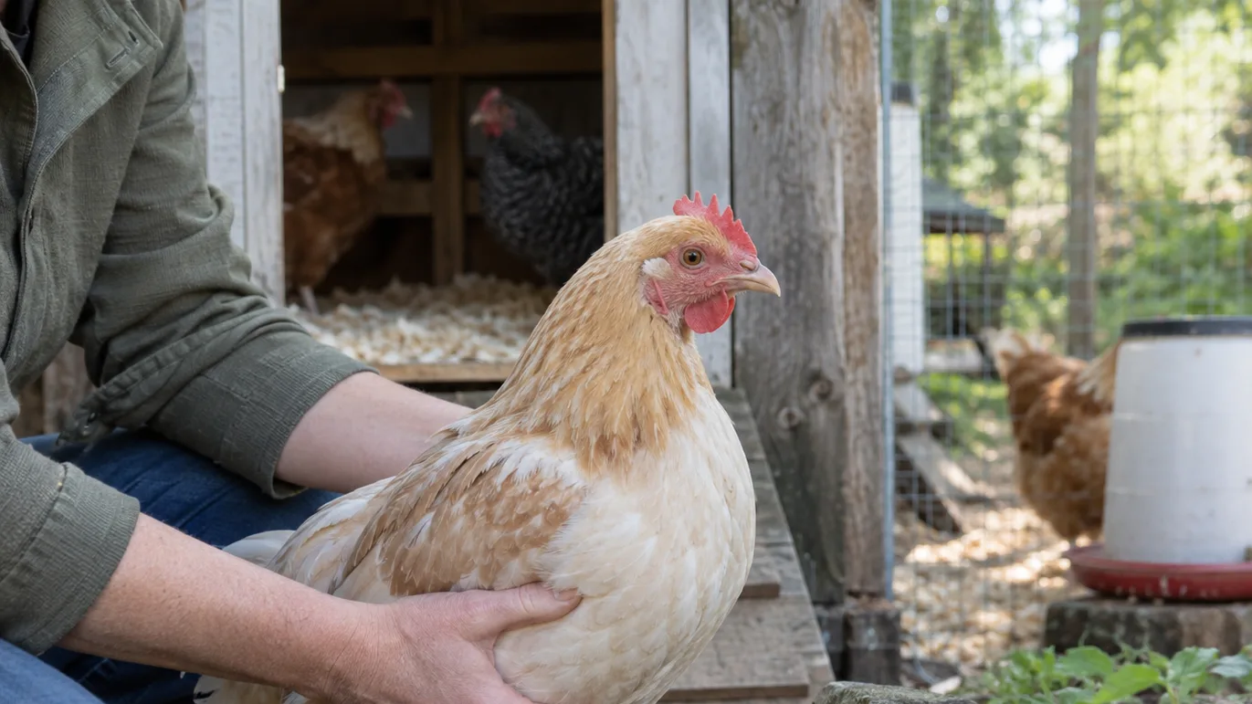 Healthy backyard hen stands beside a clean coop and run, showing how good housing supports prevention.