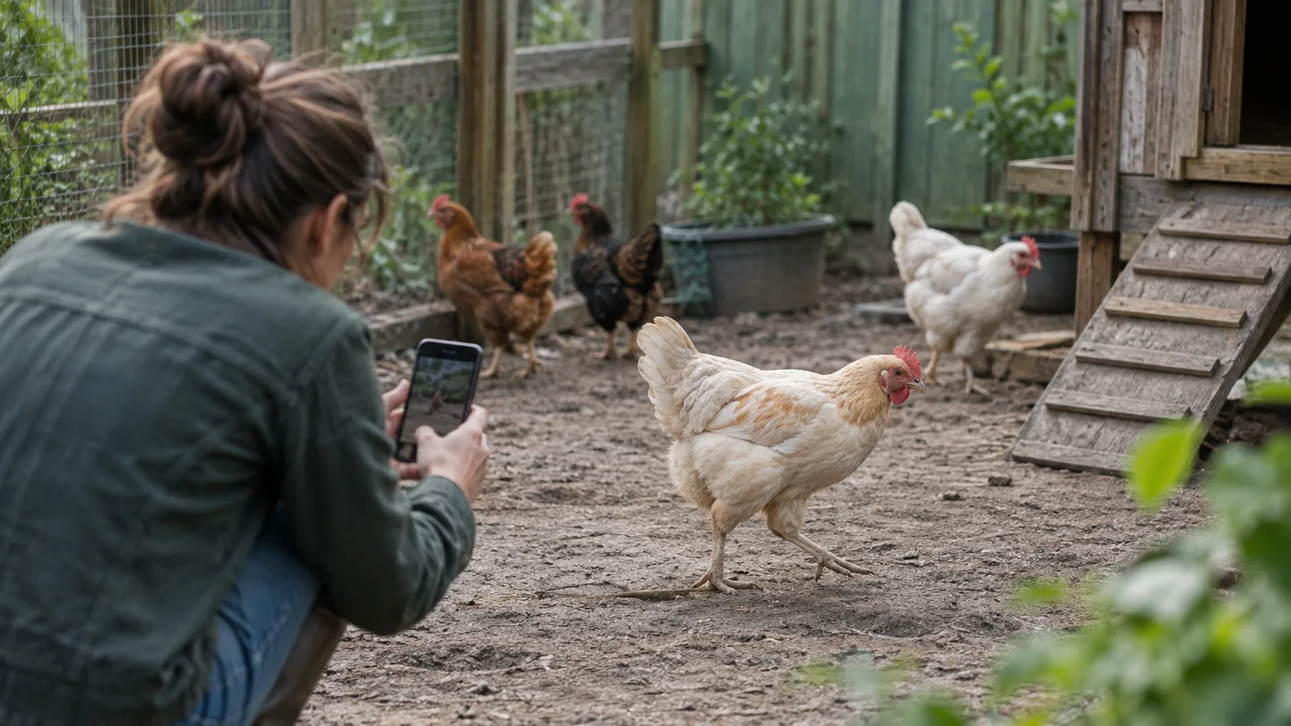 A caretaker records a chicken’s uneven walk along the coop run for closer observation.