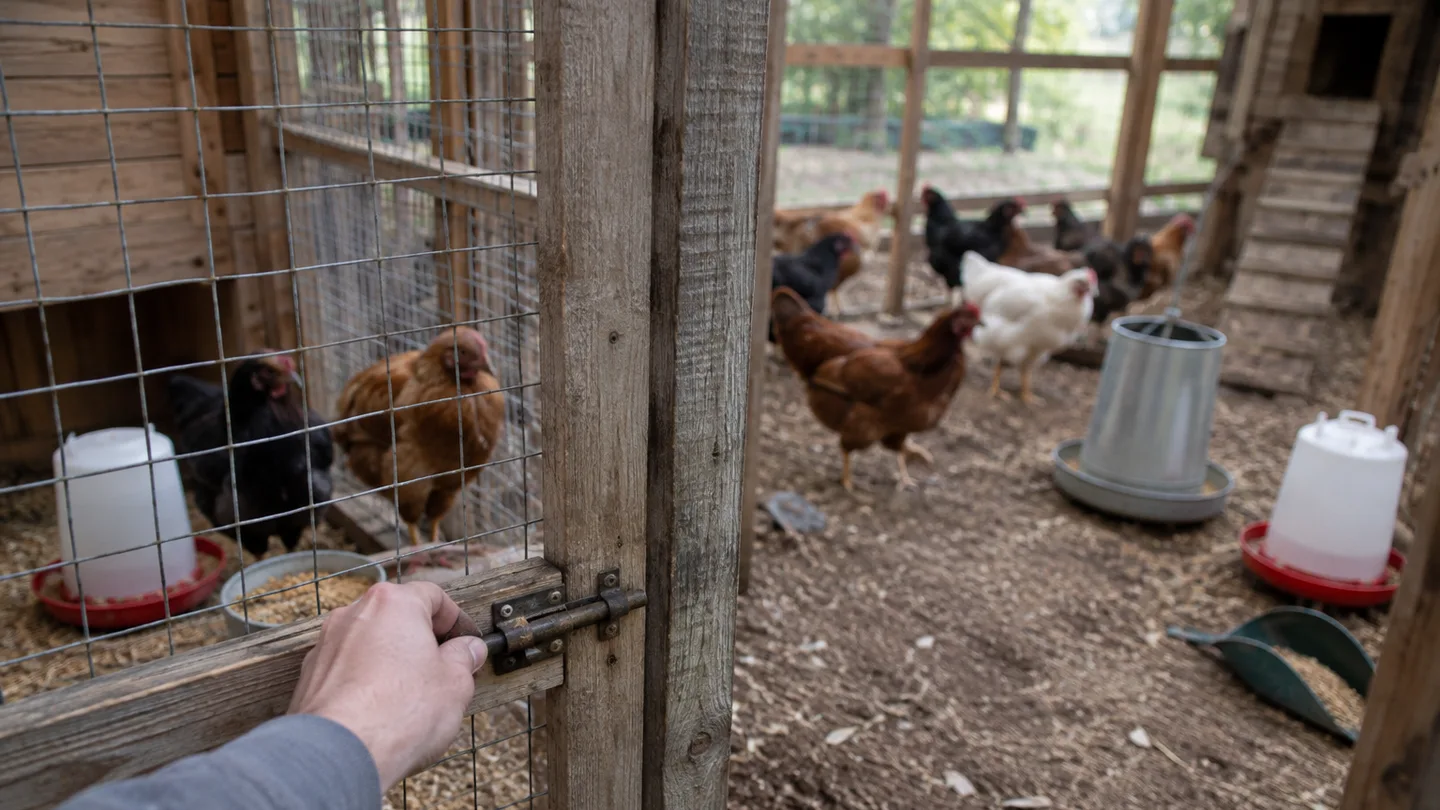 A quarantine pen sits apart from the main flock’s feeders and waterers, showing clear equipment separation.