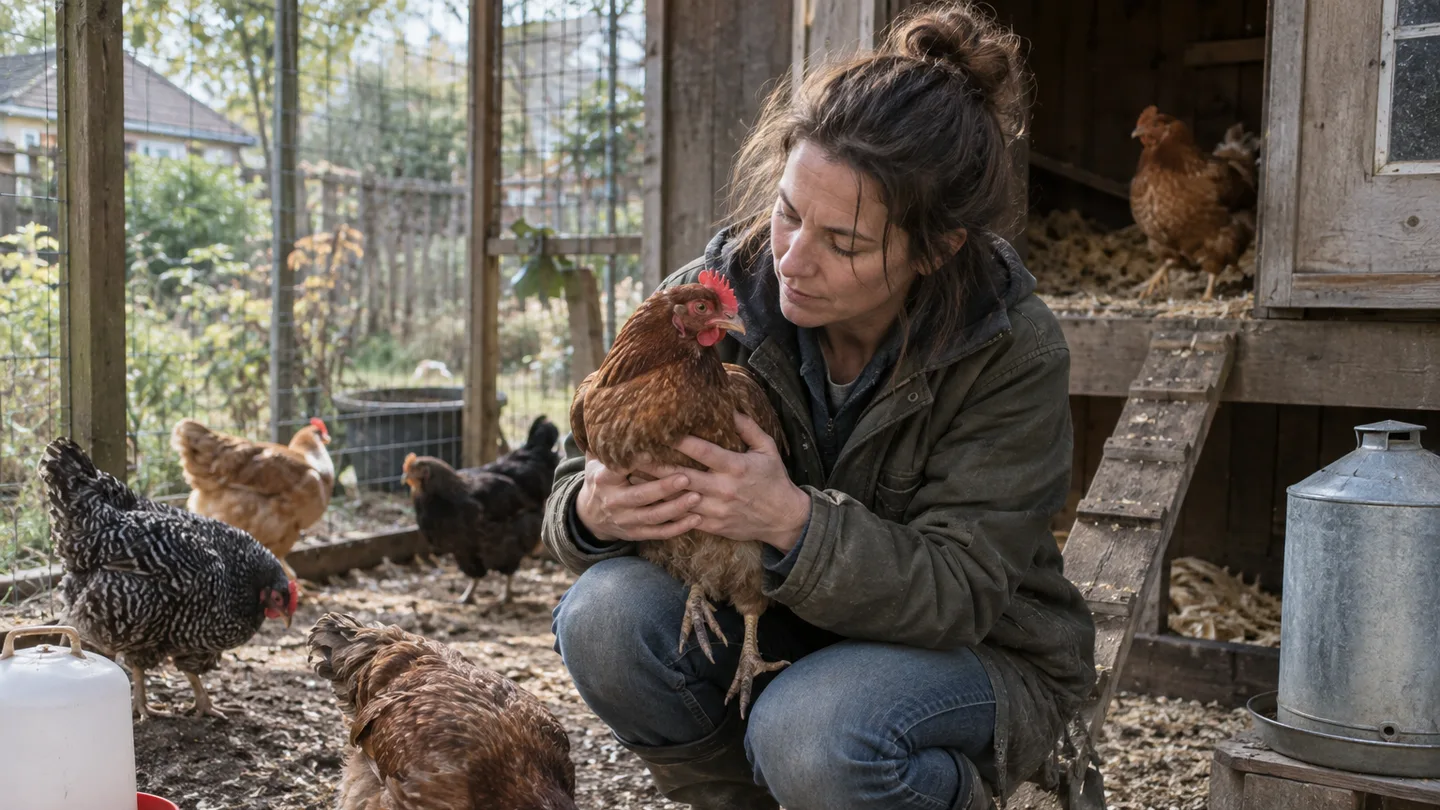 A keeper examines a hen while other birds show subtle breathing and eye changes in a backyard run.