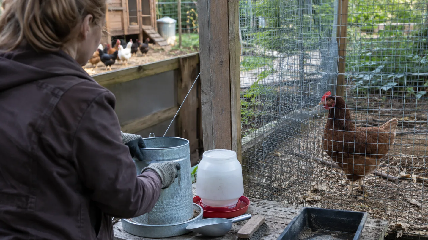 A hen stands in a separate pen beside a coop, with its own feeder, waterer, and cleaning tools.