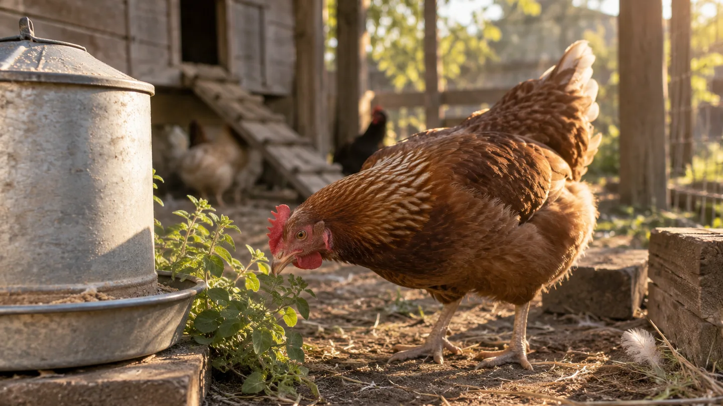 A hen inspects a small oregano sprig beside her everyday feeder in a backyard run.