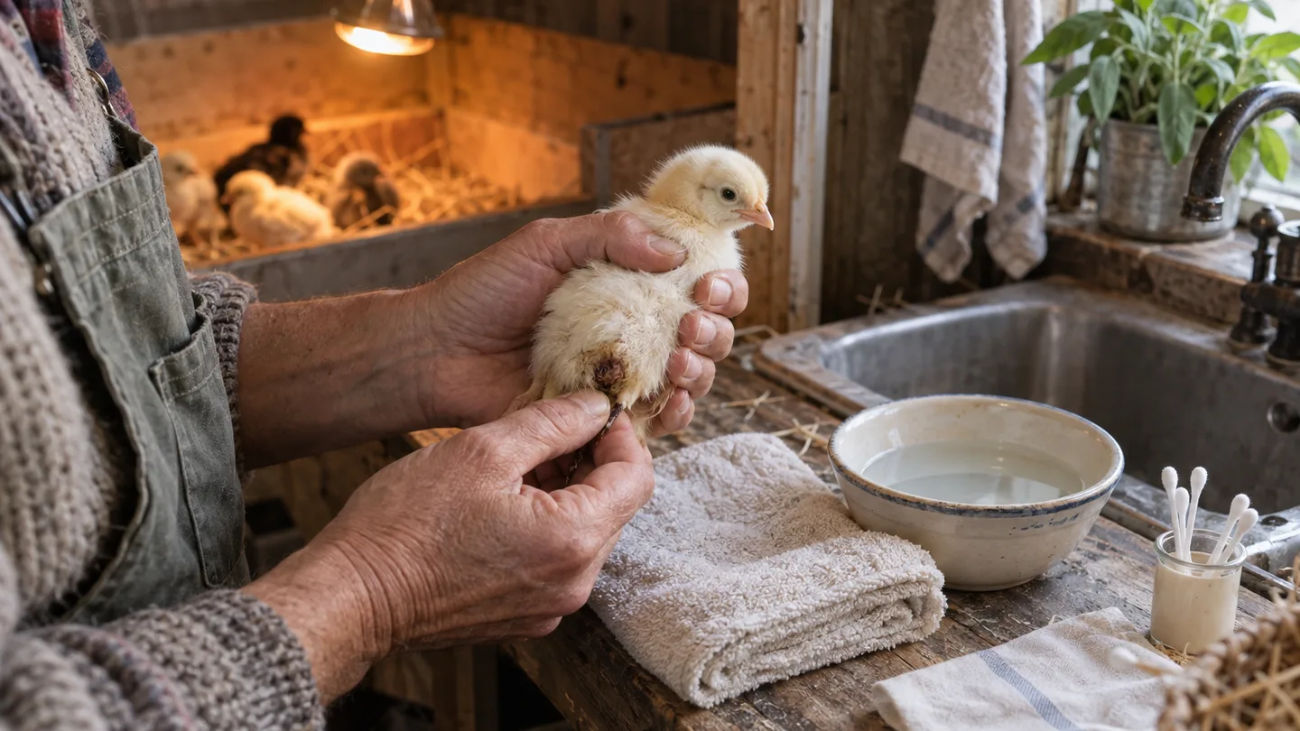 Hands gently hold a fluffy chick beside warm water and a towel before its vent is cleaned.