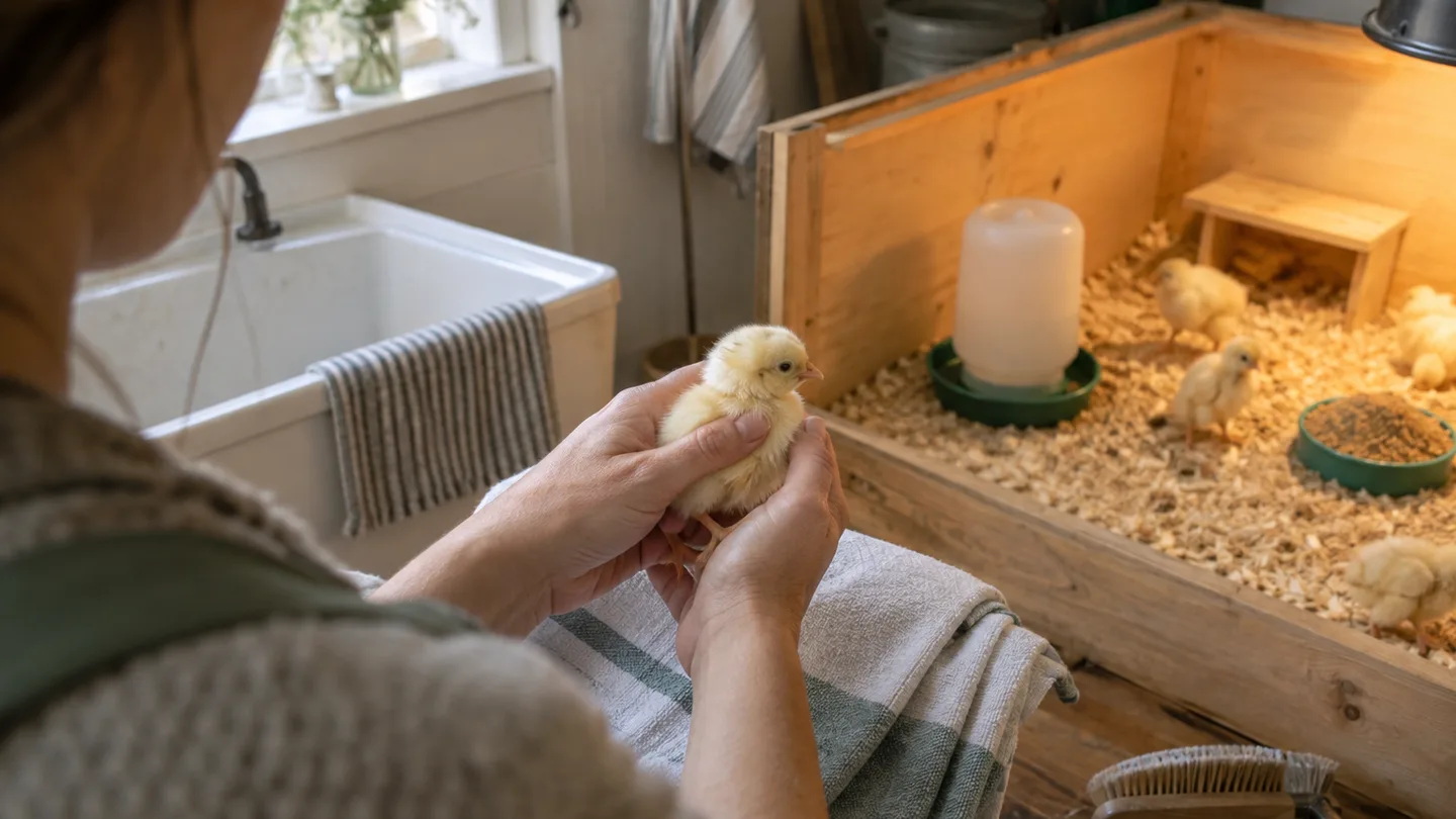 A hand checks a fluffy chick beside a clean, dry brooder set up for a quick daily health check.