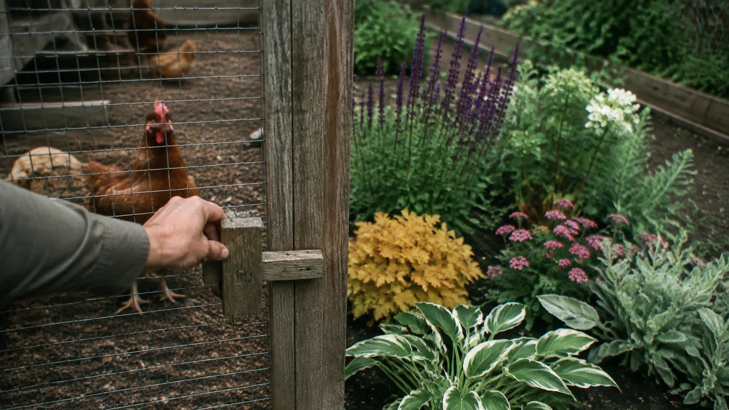 Six ornamental plants grow beyond a secured chicken run, kept out of reach of curious hens.
