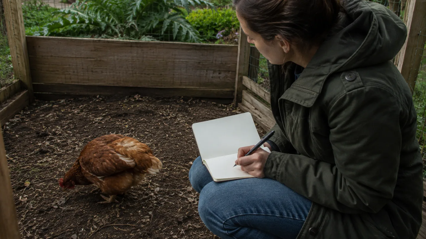 A keeper watches a lethargic hen beside a garden bed while noting possible illness in a blank notebook.