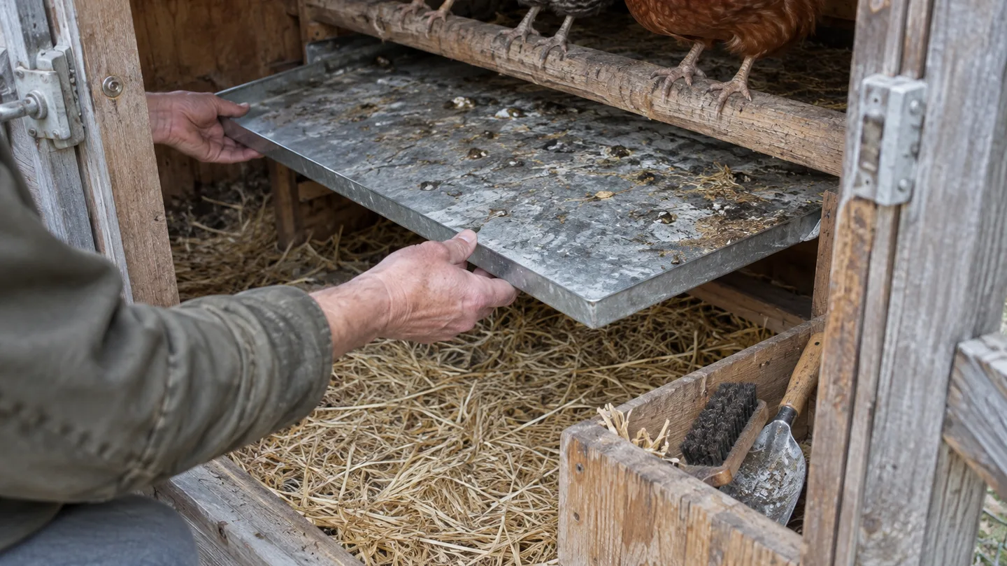 A removable catch board extends beyond the roost on every side, keeping droppings off the fresh bedding.