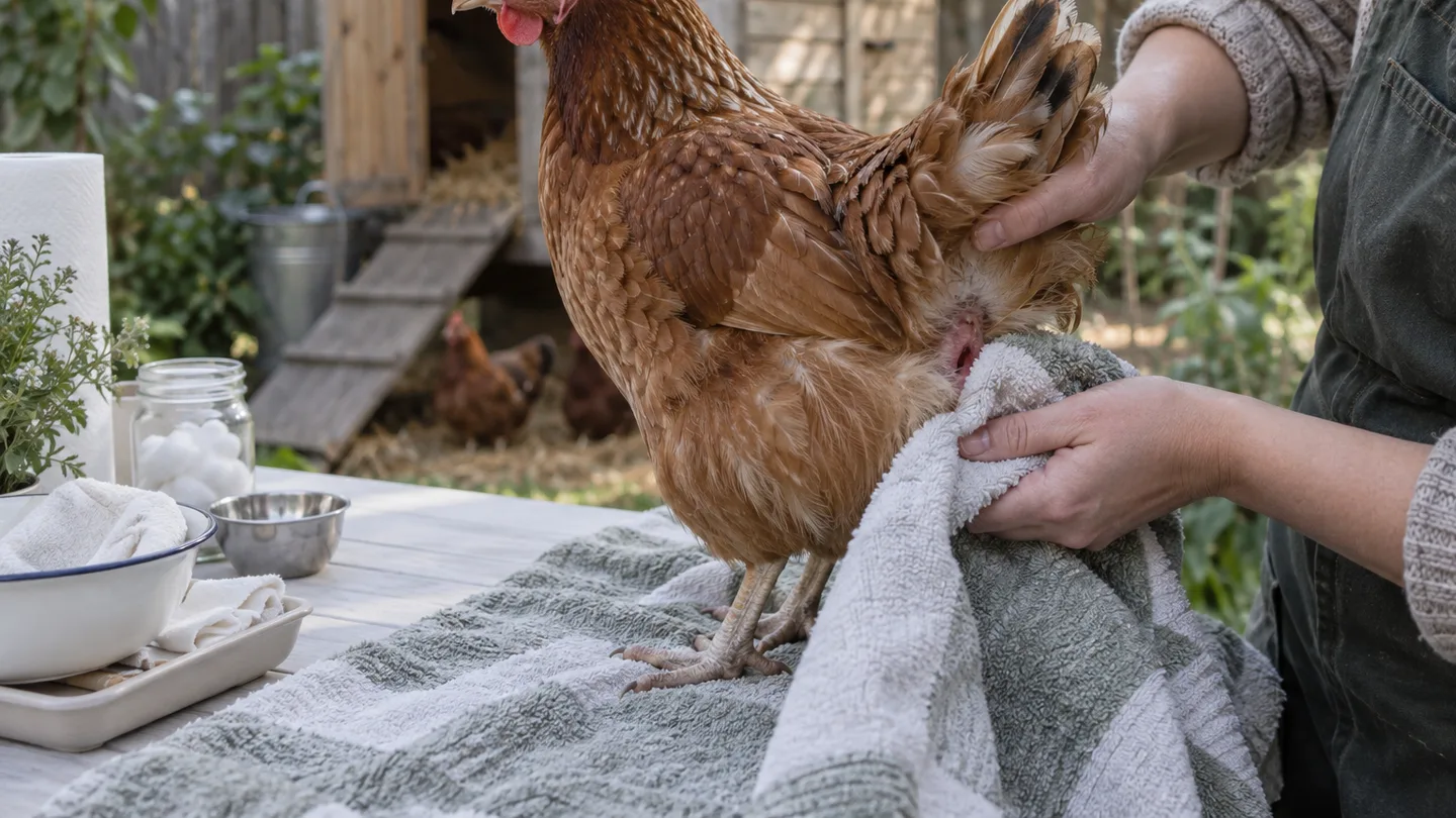 A keeper gently supports a hen beside a care table, showing a small pink exposed area near the tail.