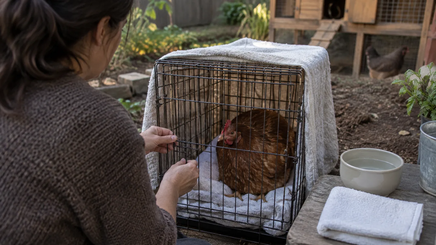 A calm hen rests in a towel-lined isolation crate beside a clean care table for short-term bridge care.