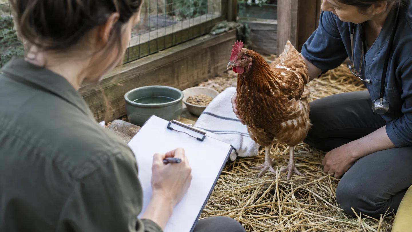 A keeper records a hen’s calm behavior and water intake during a veterinarian-guided recovery check.