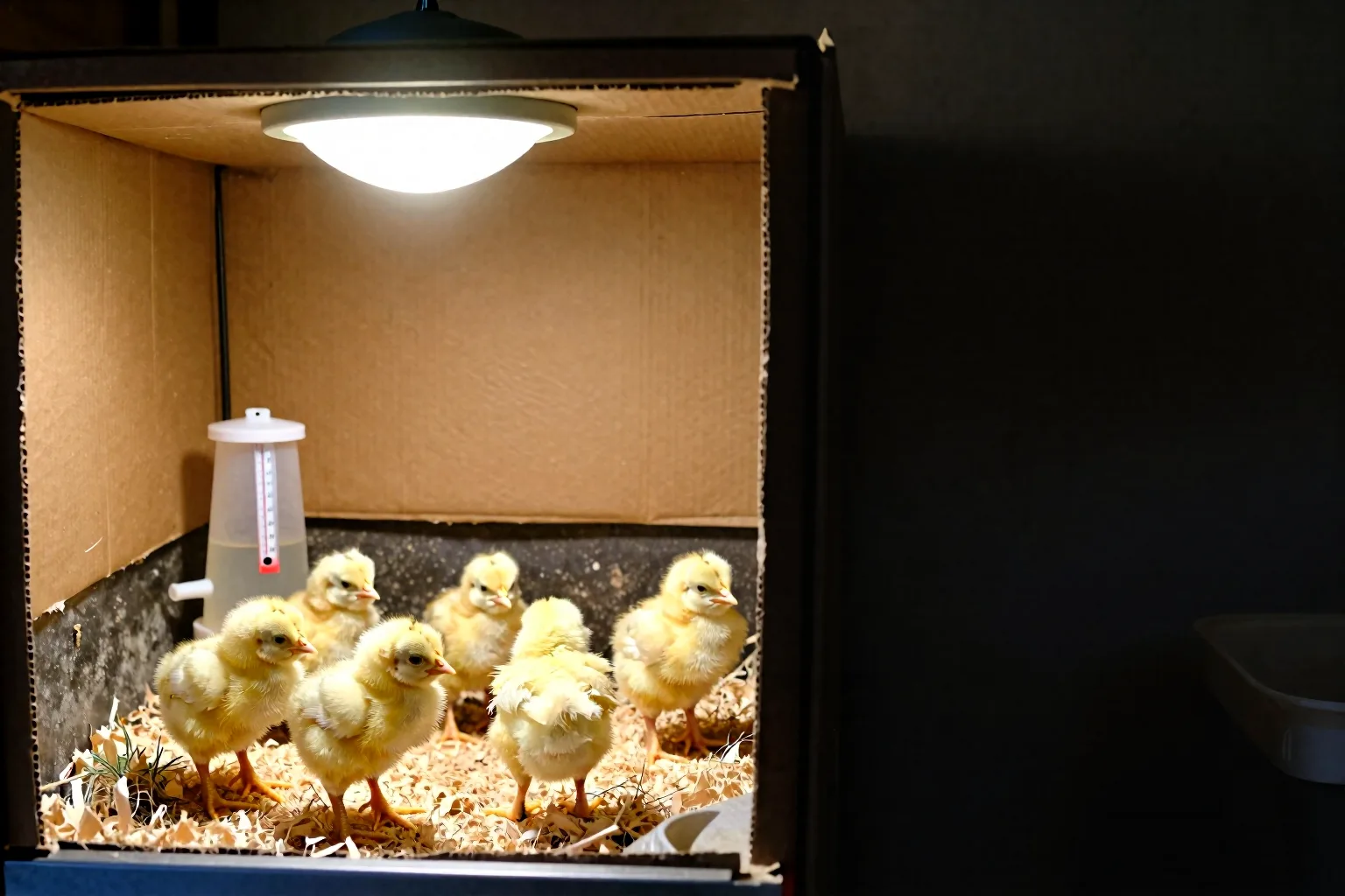 Newly hatched chicks spread comfortably beneath a warm brooder lamp beside their feeder and waterer.