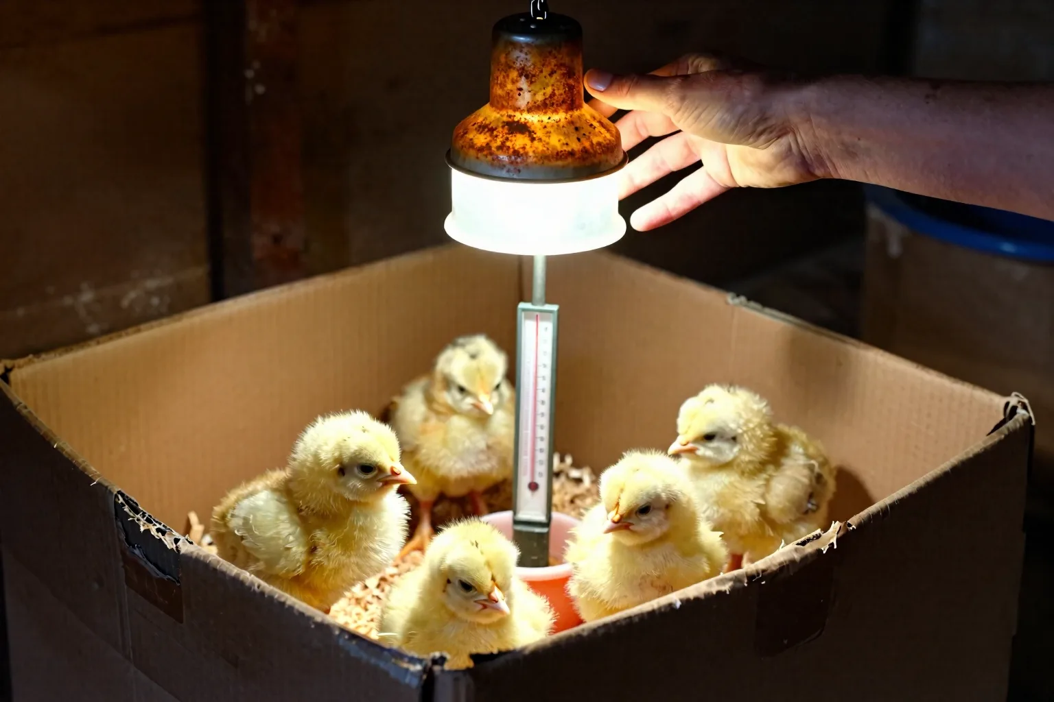 A hand raises the lamp while chicks gather between the warm end and the cooler feeding area.