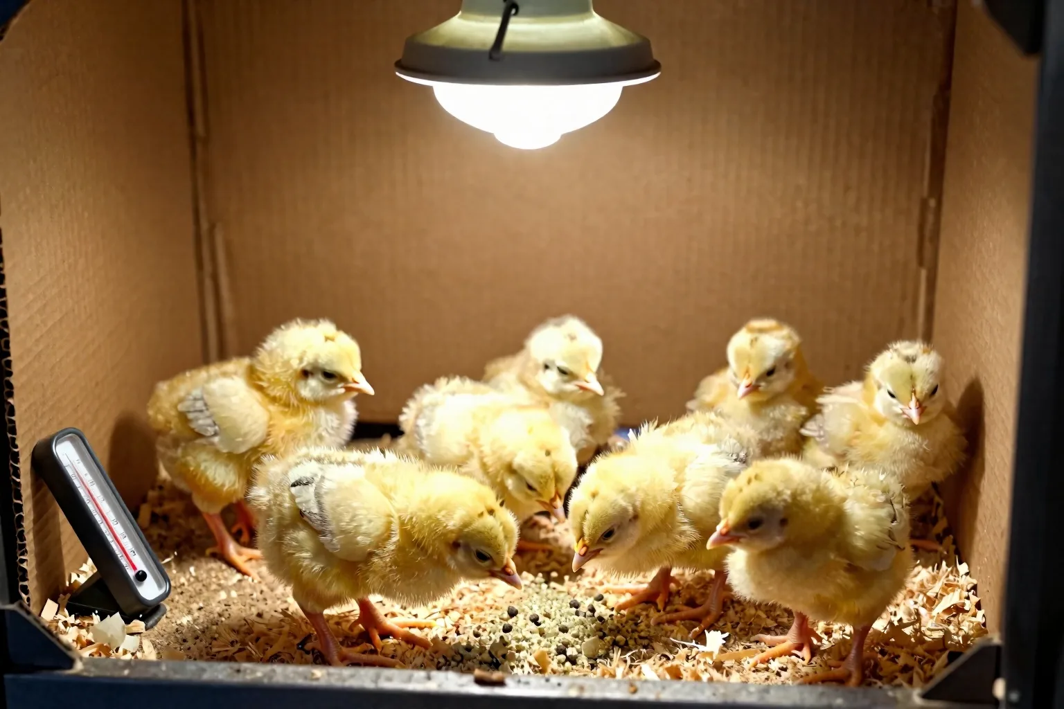 Chicks sleep, eat, and drink separately across the brooder, showing they are comfortable and warm.