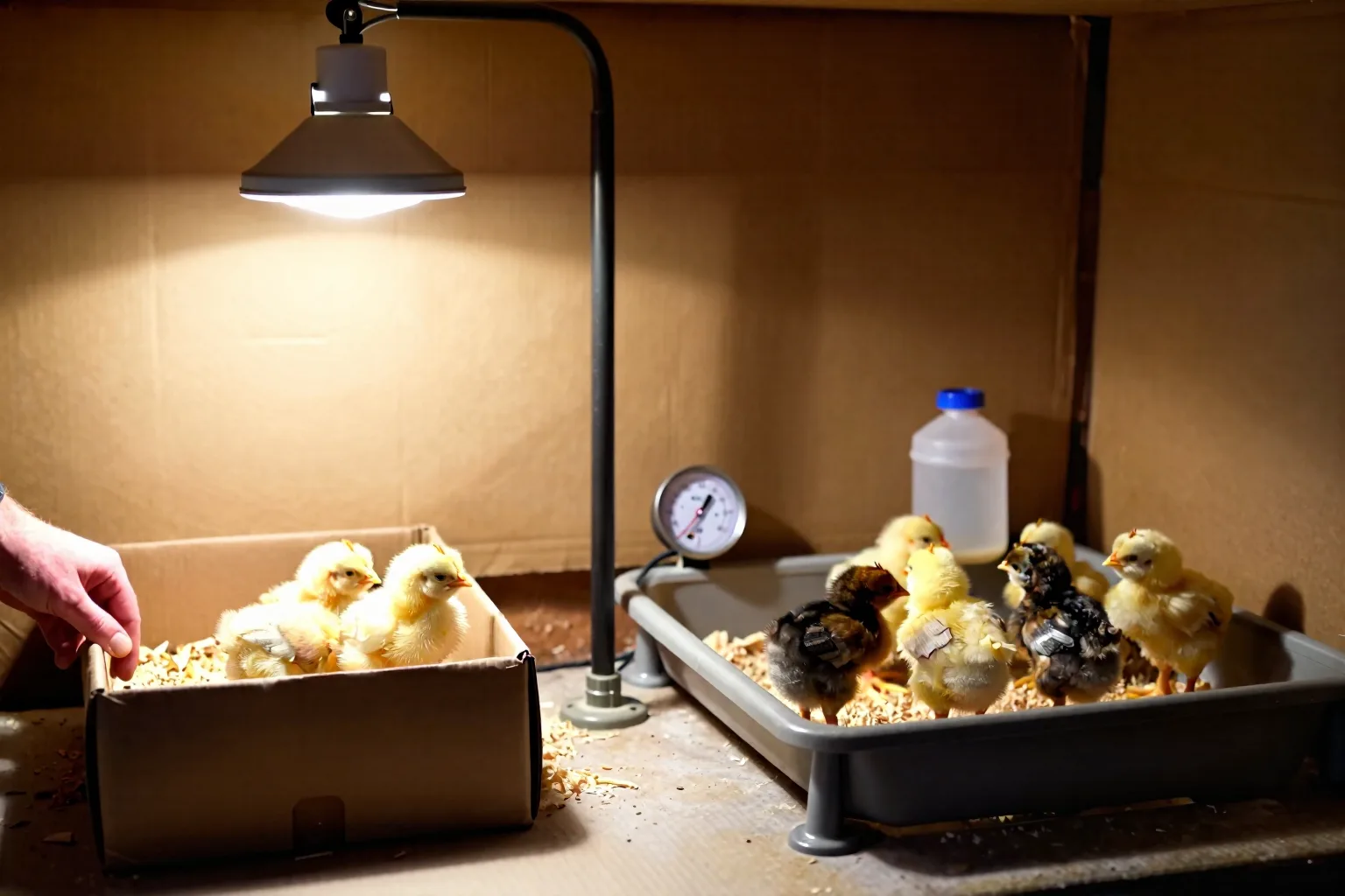Chicks gather under a heat lamp and radiant plate as a keeper compares the two indoor brooder options.