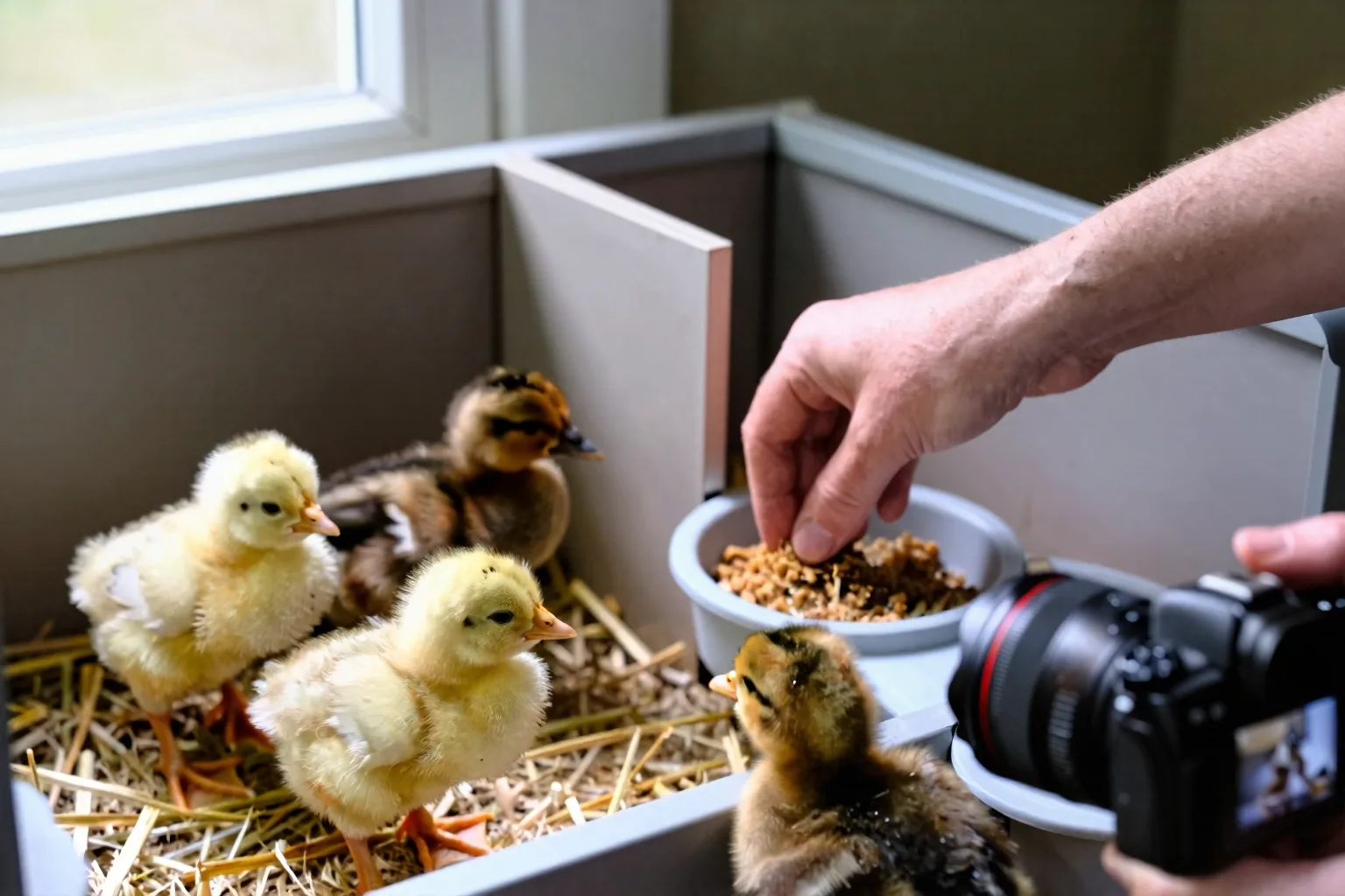 Six young birds occupy clean, separated sections of a compact brooder prepared for safe growth.