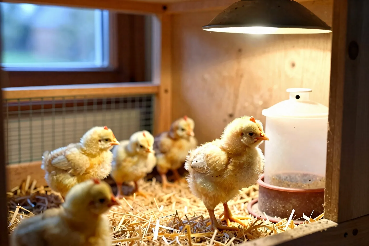 A chick stands between the warm lamp and cooler space in a simple brooder setup.