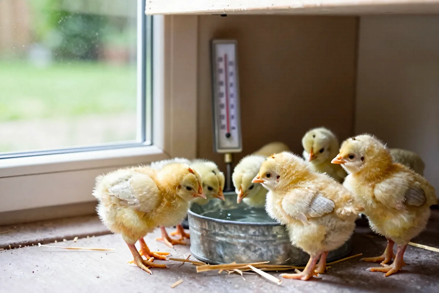 Chicks drink water together in a shaded brooder while no extra heat is being used.