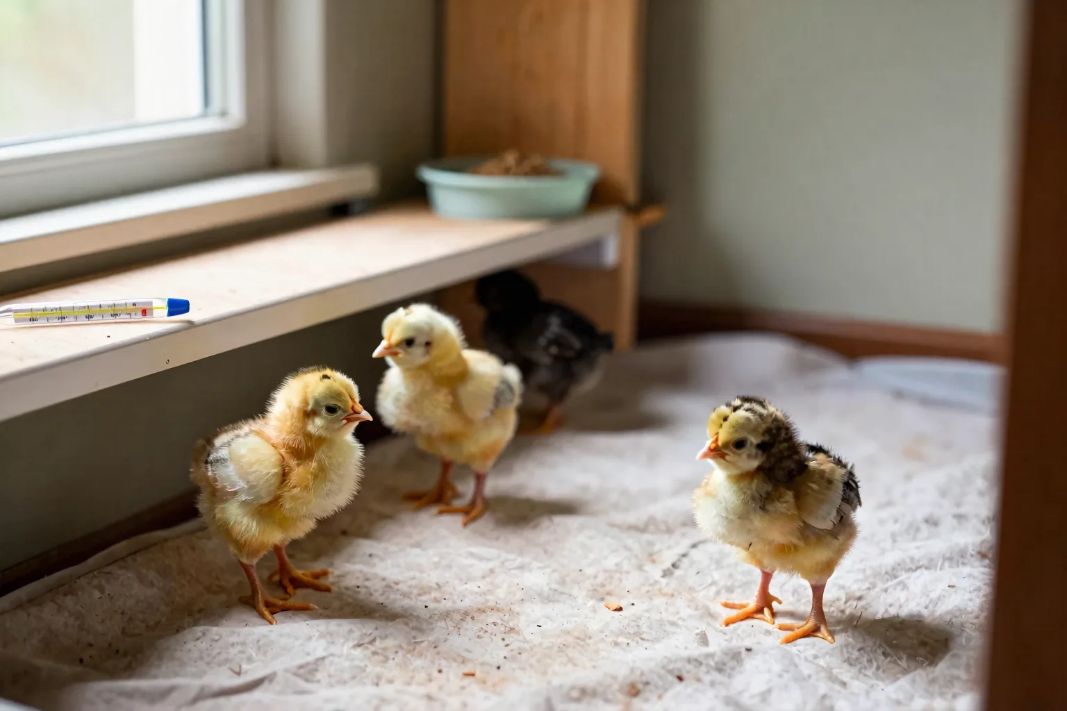 Chicks gather under a heater while others move into the cooler bedding beside it.