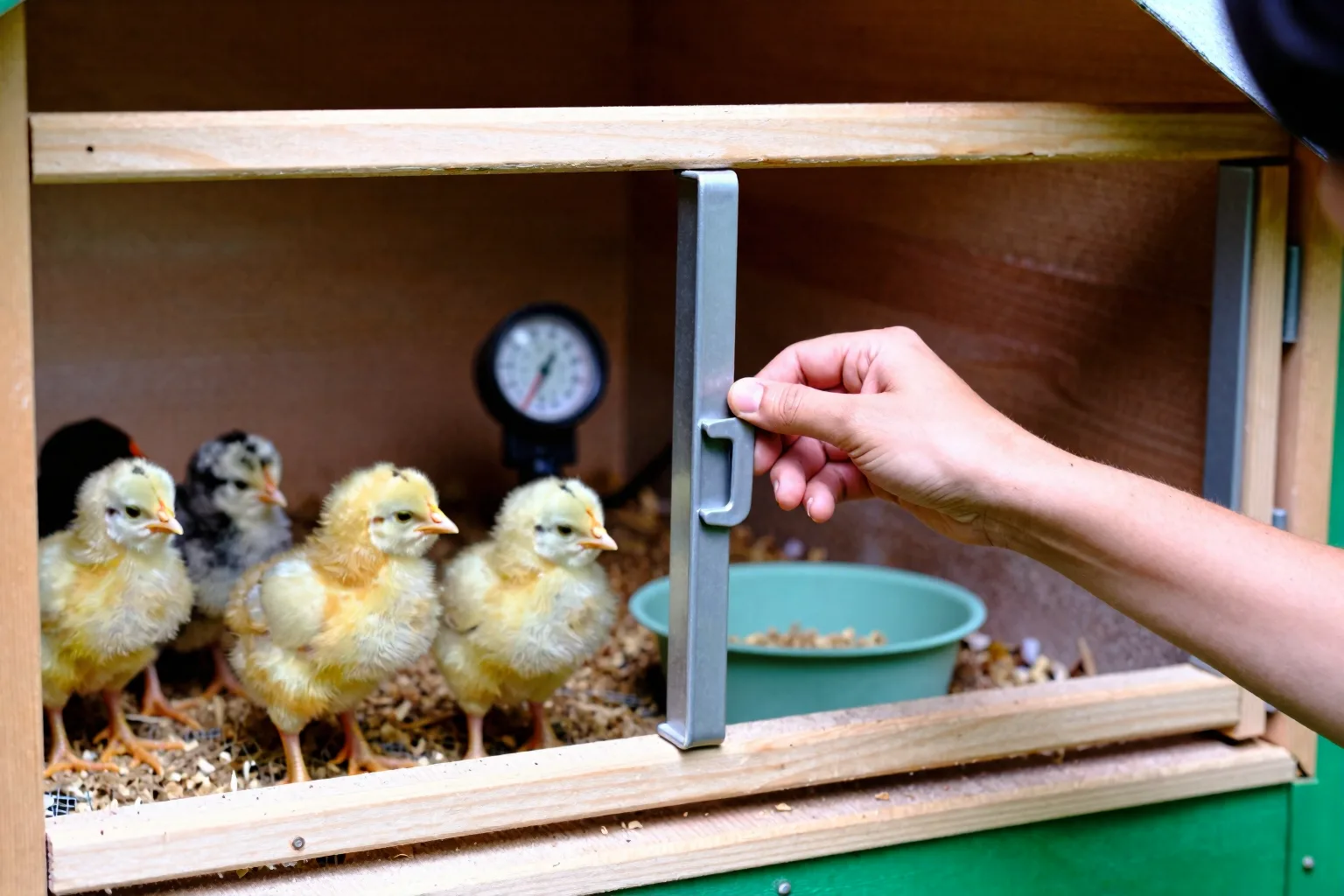 A hand checks the latch on a covered outdoor pen while young chicks gather safely inside.