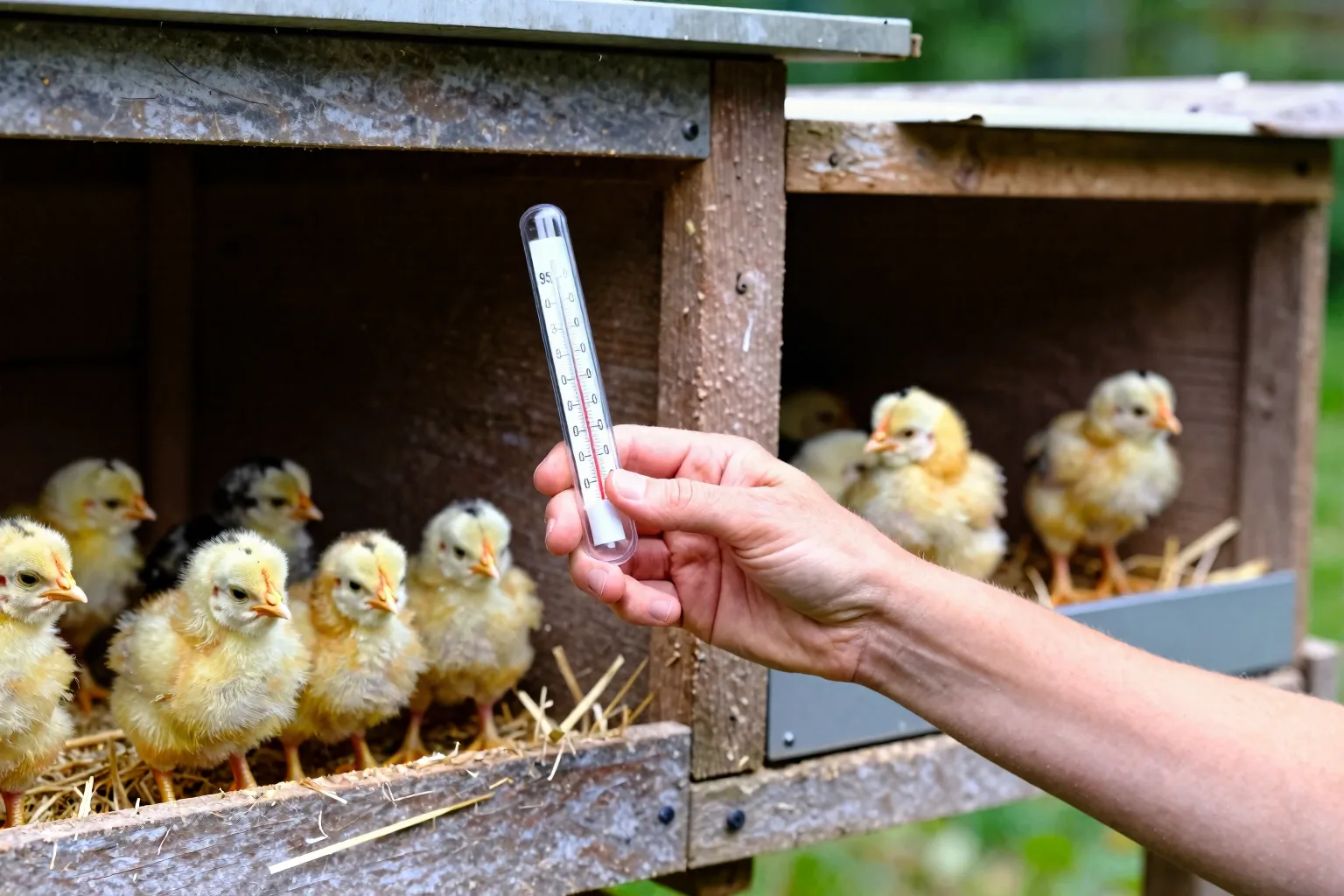 Young chicks gather under a sheltered heat panel while a caretaker checks their warmth beside the outdoor run.