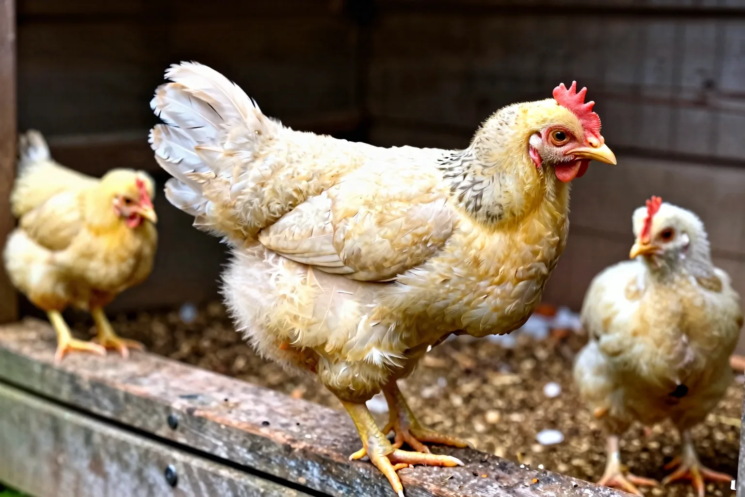 A young chick shows developed wing and tail feathers while its body still has thinner covering and soft down.