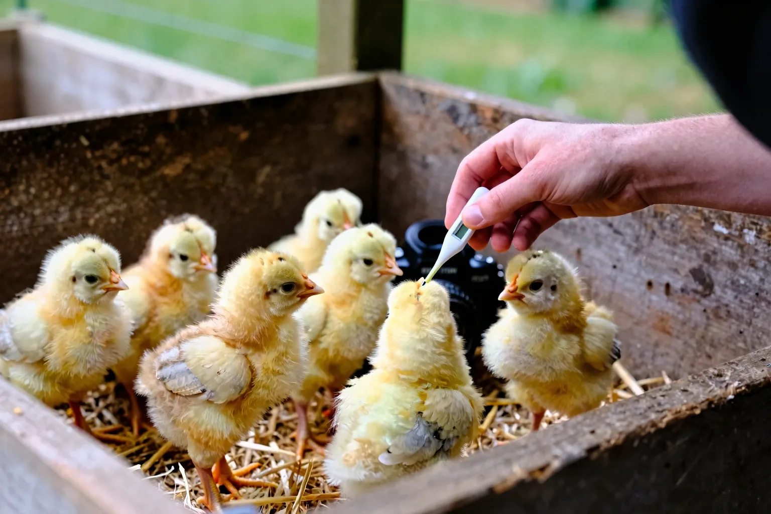 A thermometer stands at chick height beside several chicks in the warm end of an outdoor brooder.