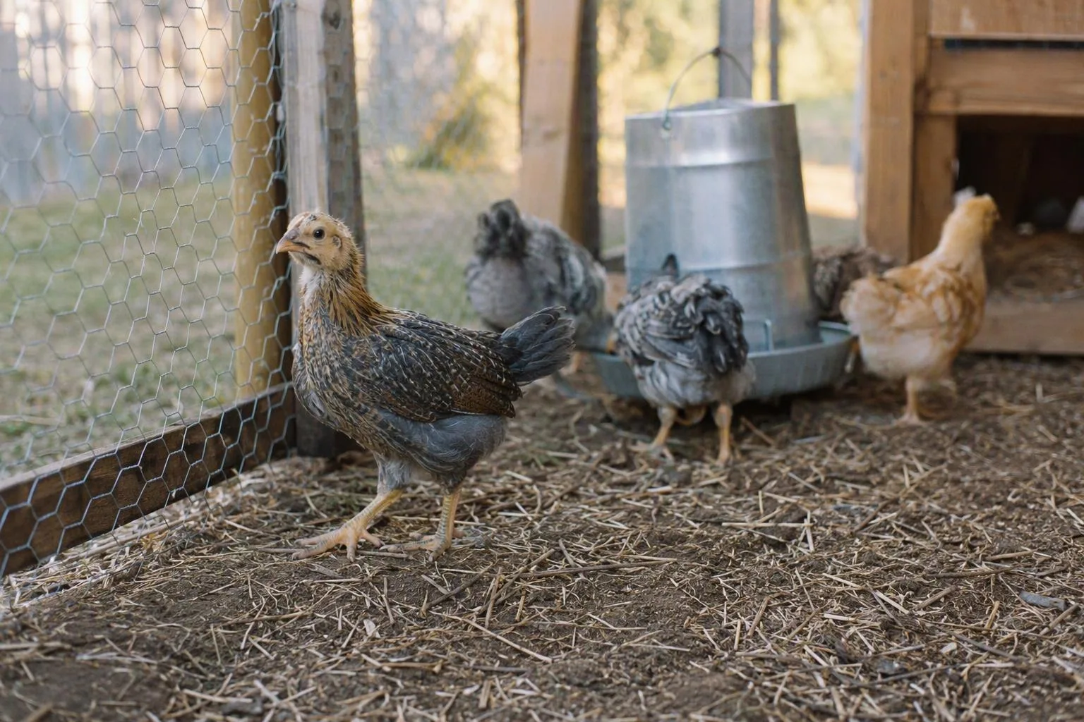 Feathered young chicks explore a covered grassy run enclosed with secure mesh.