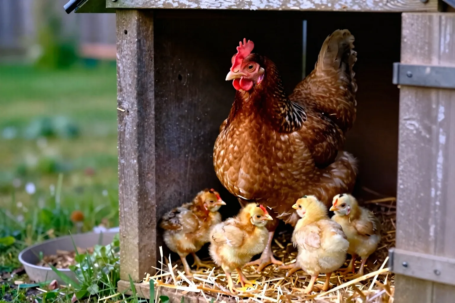 A mother hen shelters newly hatched chicks beneath a low coop roof at dawn.