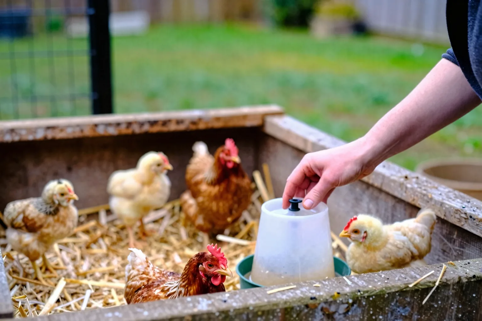 A hand checks a waterer beside bedding, feed, and shelter in a prepared chick pen.