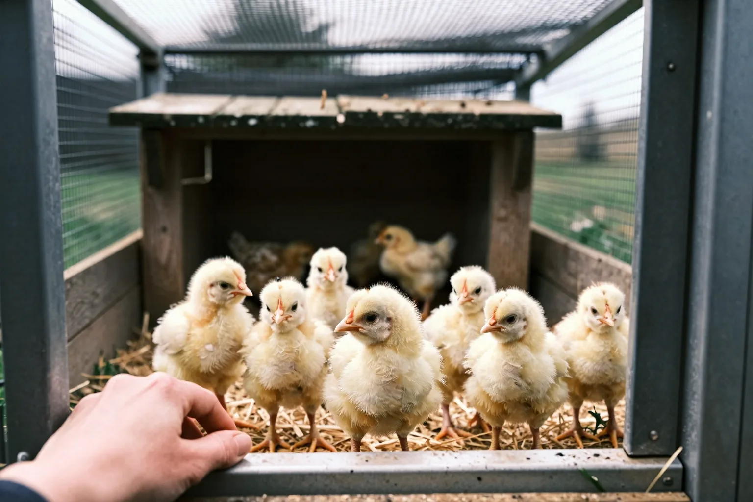 A mother hen leads her chicks into a dry covered run while a hand steadies the gate.