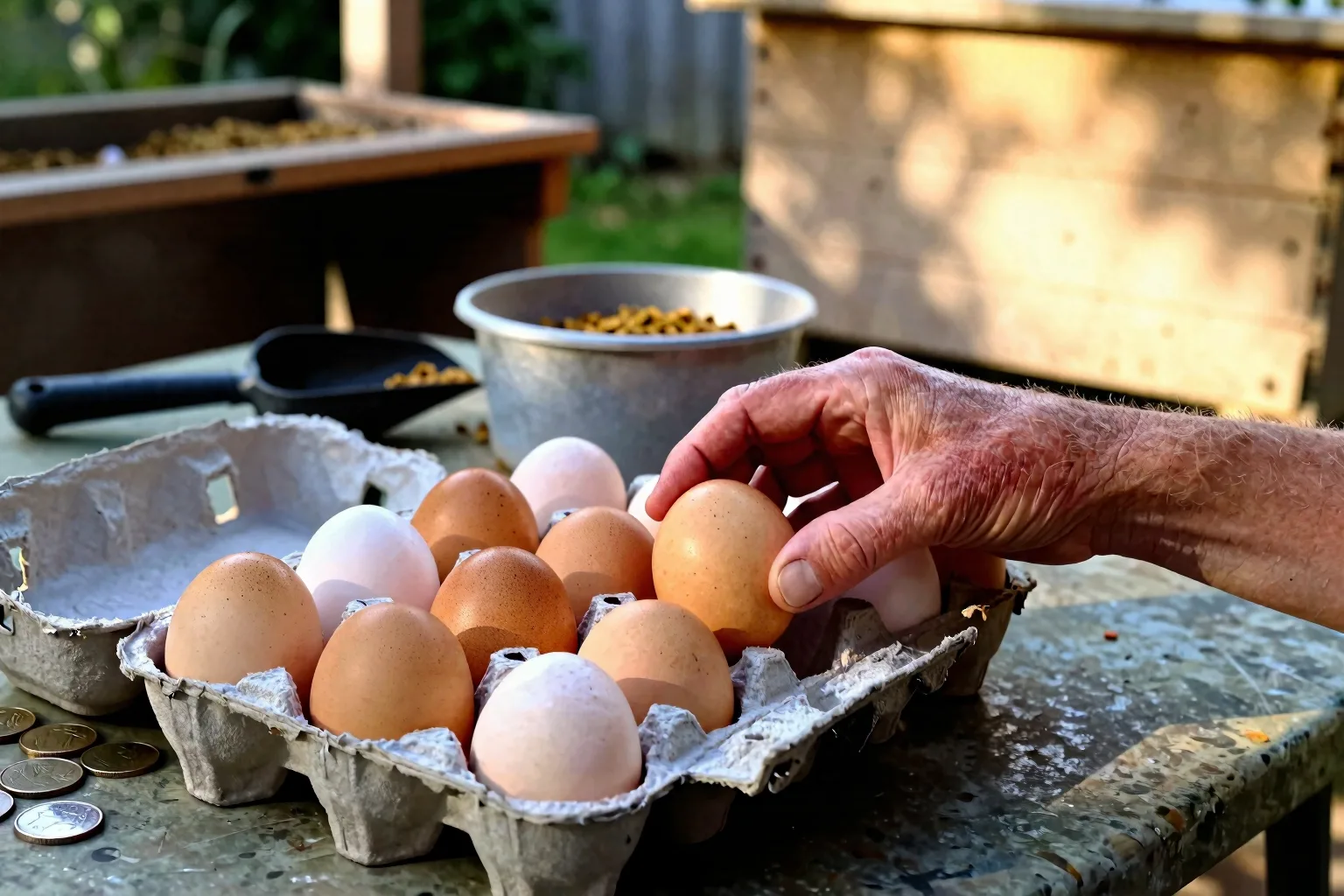 A hand places a small few-day egg collection beside feed supplies to show the modest household return.
