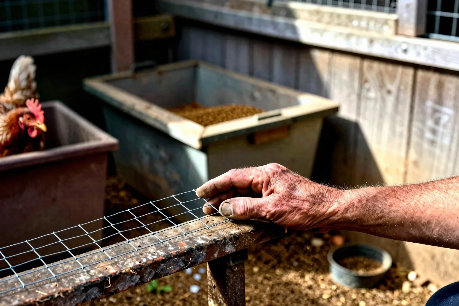 A hand compares sturdy square run mesh with flimsy hexagonal wire beside a backyard coop.