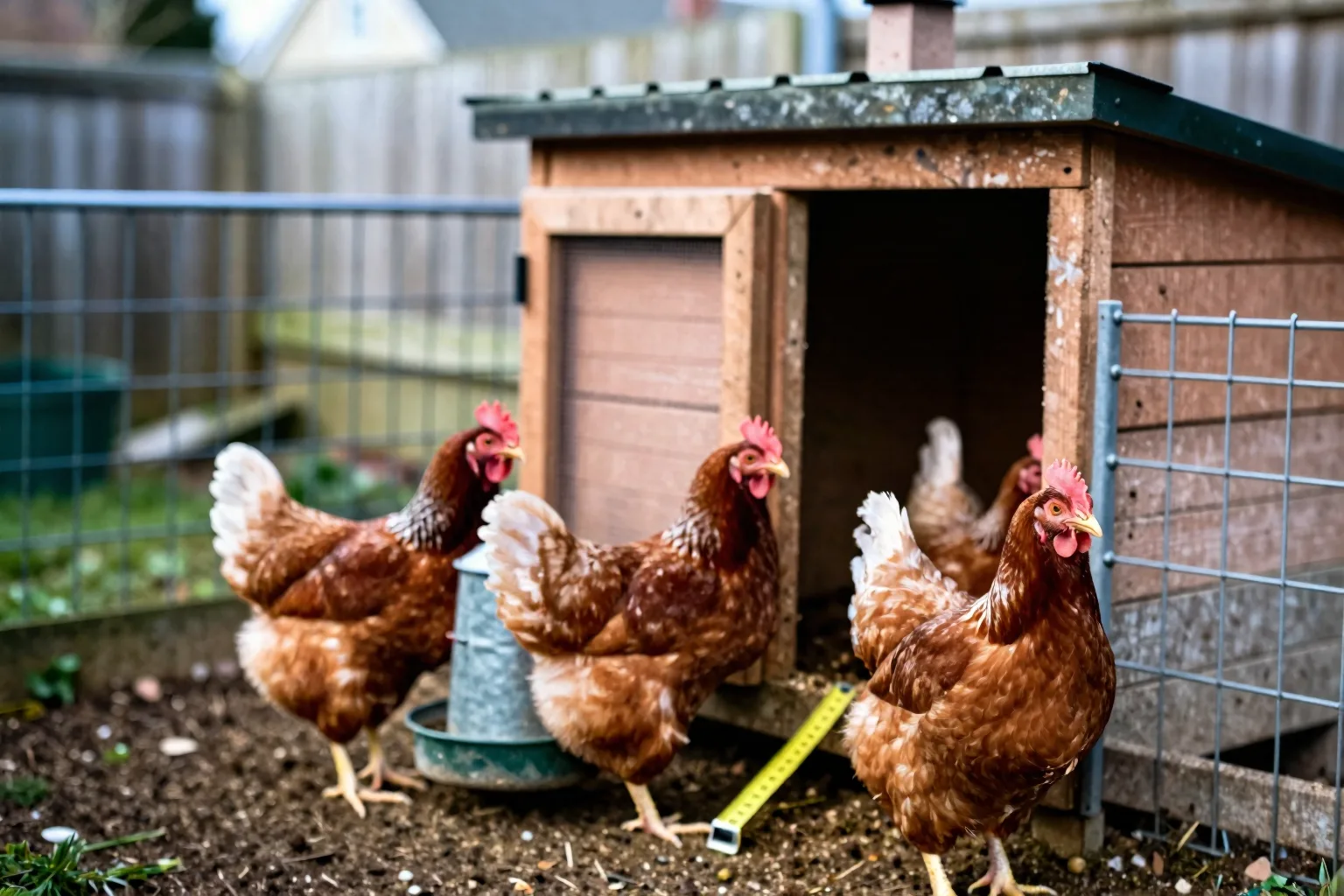 Three hens stand beside a secure coop and run, illustrating a practical starter setup with room for the flock.