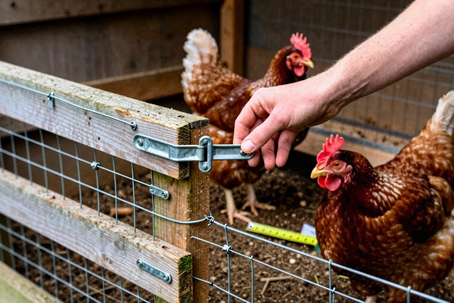 A hand checks a coop gate where mesh fencing, fasteners, and a ground apron form one predator barrier.