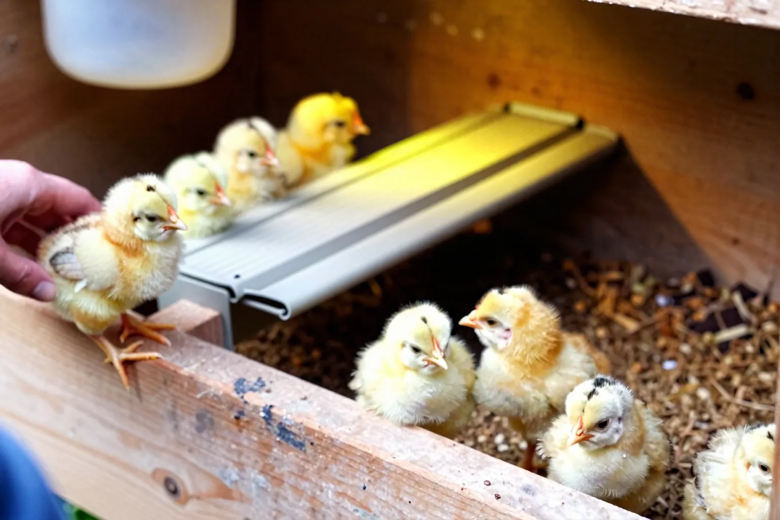 Young chicks cluster under the warm end of a brooder while others use the cooler space nearby.