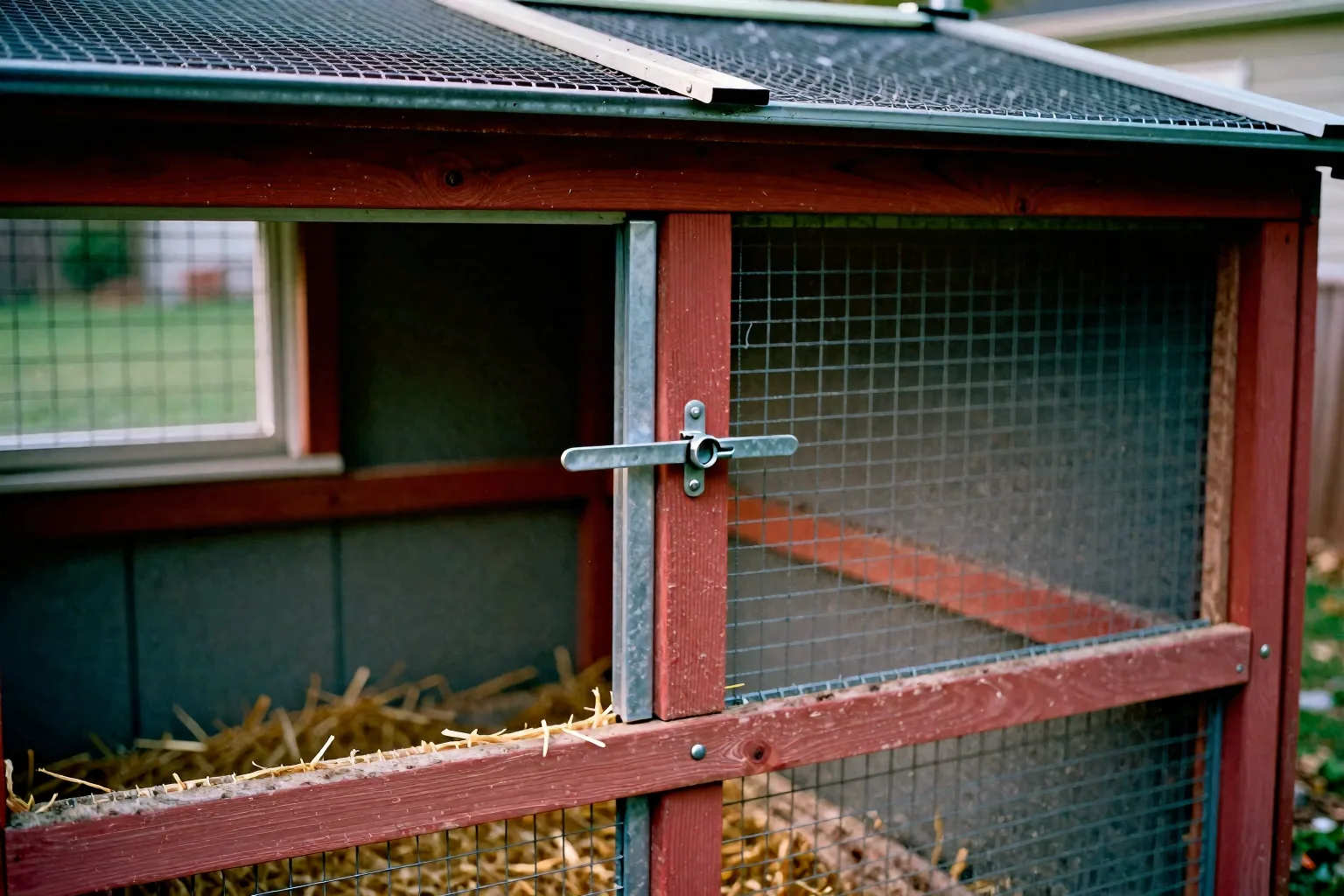 Coop mesh, roof overhang, latch, and dry threshold show how the flock stays secure and sheltered.